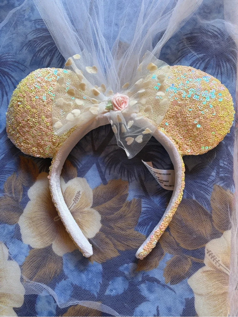 Disney Sequin Minnie Ear Headband with Veil - Pearl Pink and Gold